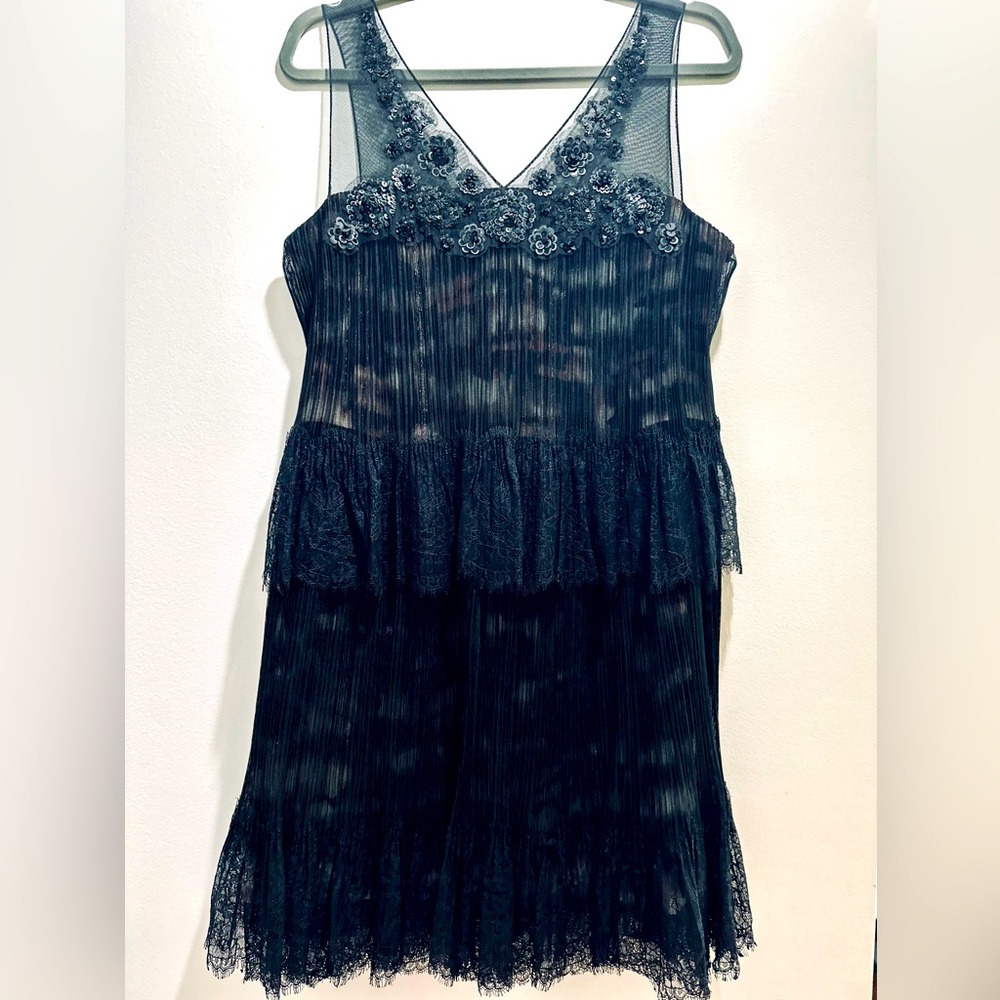 BCBGMaxAzria Black Sleeveless Mini Dress with Ruffled Tiers and Lace Neckline